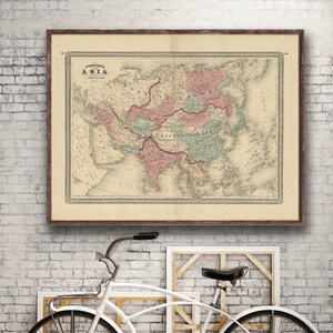 1870 Asia map reprint, Vintage Johnson&#39;s Asia map reprint -  in vintage aged or inverted blue & 4 sizes up to 48x36&quot;
