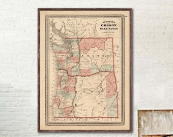 1870 Johnson's Oregon and Washington reprint, Pacific Northwest map reprint - 4 large/XL sizes up to 36x48" and 3 color choices