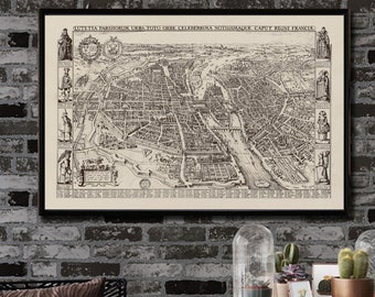 Bird's eye view map of Paris 1618 reprint,  central Paris of the 1600s - 3 sizes up to 36"x24"  and three color styles - sold unframed