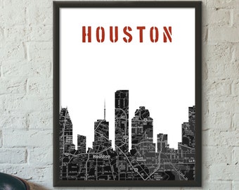Houston City Skyline, Black and White Art,Houston map , Houston art , 5 colors Available,Modern Home Decor,No512