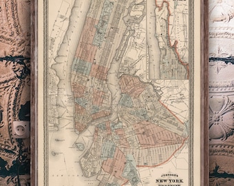 1870 New York City and Brooklyn map reprint, NYC map reprint - 5 large/XL sizes up to 54" x 36"& 3 color choices - sold unframed