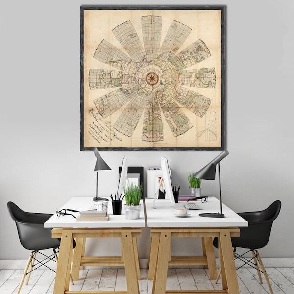 1790 Magnetic Atlas World map reprint - Churchman's Variation Chart reprint - 6 Large/XL sizes up to 48" x 48" in 3 color choices