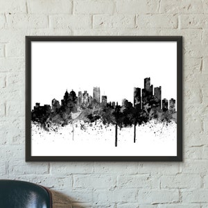 Detroit City Skyline , Black and White,Digital Watercolor art print. Modern Home Decor,No 643