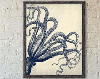 Vintage-style Octopus on Navy blue - old-style Marine and Nautical style - Home, Kids Room , or Office Decor,No,449