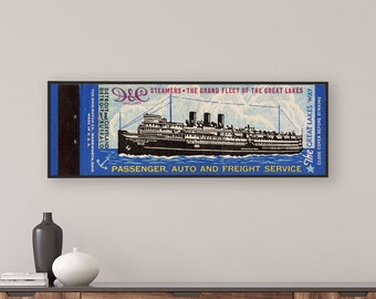 Retro Steamship Matchbook poster -Great Lakes/Detroit/Cleveland/Buffalo decor - 36x12" on heavyweight matte or fine art paper- sold UNFRAMED