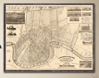 1884 New Orleans Map reprint - New Orleans pictorial map home decor - 3 color choices & 4 large/XL sizes up to 48" x 36" - sold unframed