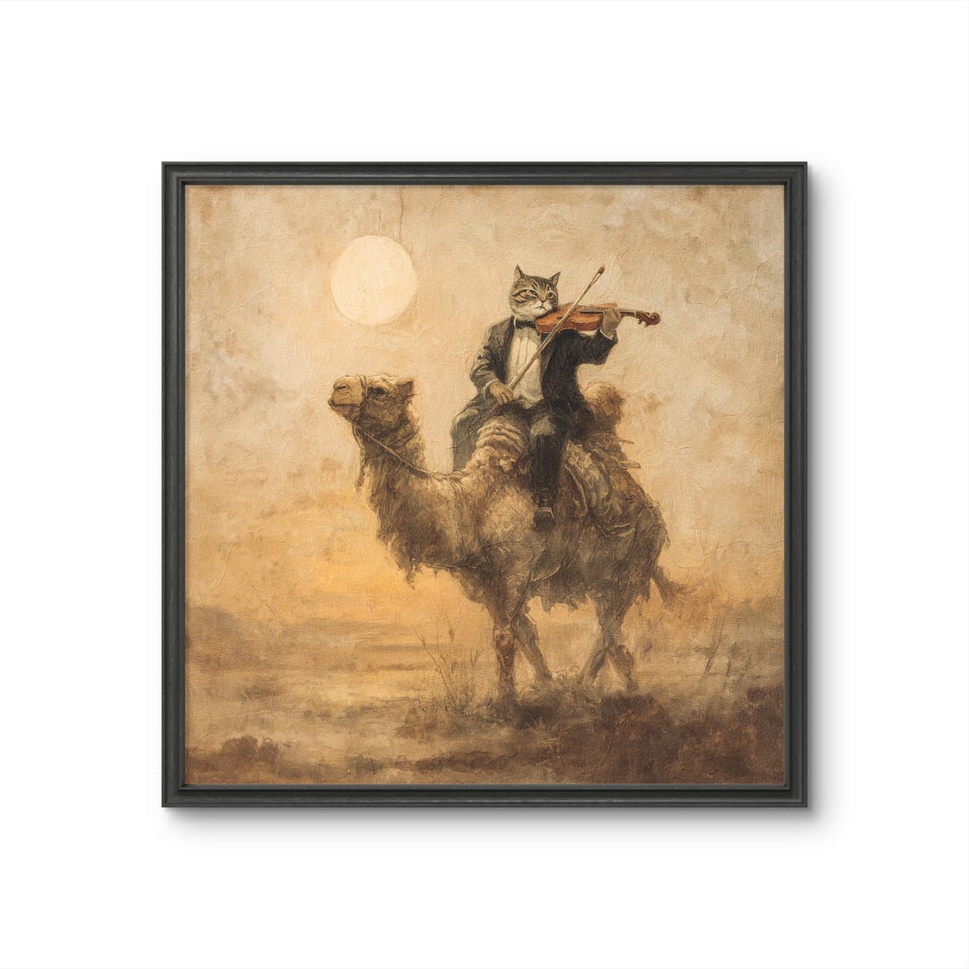 Cat Playing Violin on Camel Wall Art – Whimsical Desert Sunset Oil ...