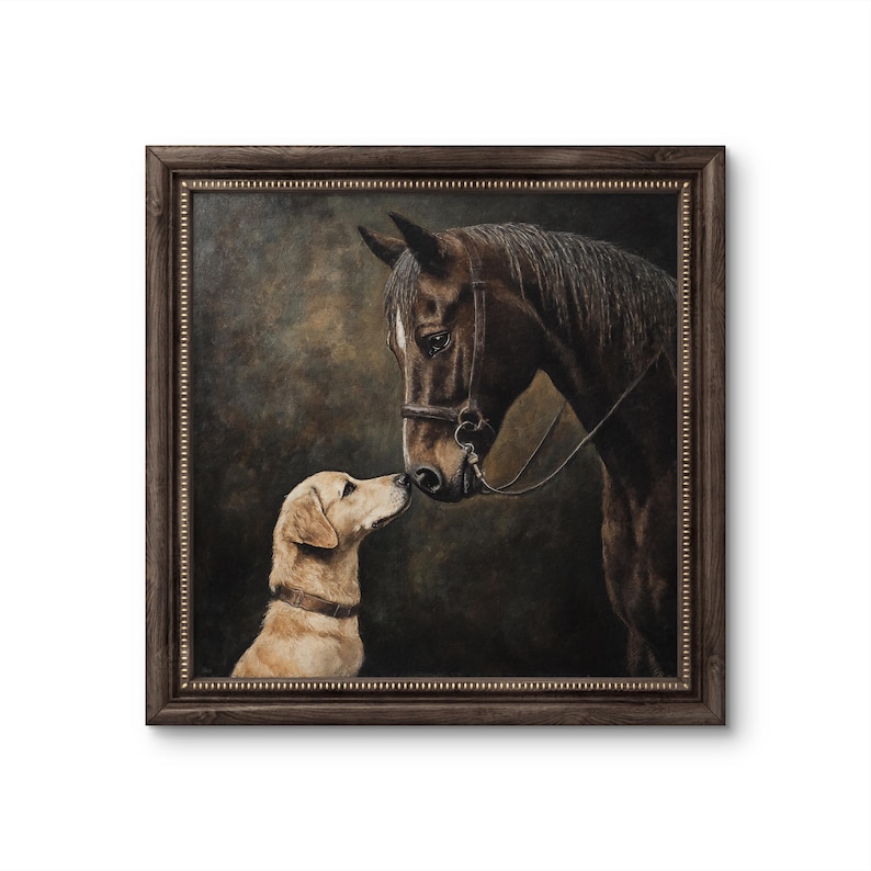 May include: A painting of a brown horse and a golden retriever dog looking at each other. The horse is wearing a leather bridle and the dog is looking up at the horse with its tongue out.