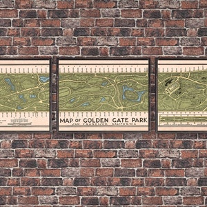 May include: Three framed vintage maps of Golden Gate Park in San Francisco, California. The maps are in black frames and show the layout of the park with green areas, roads, and buildings.