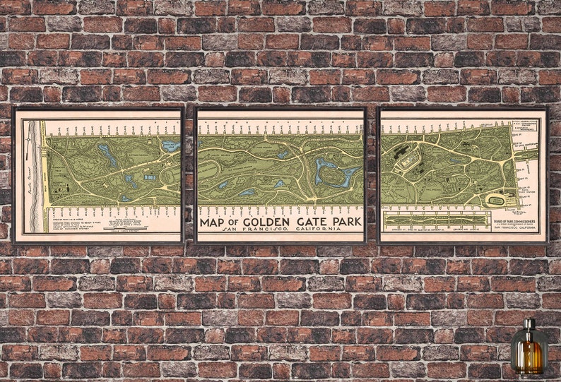 May include: Three framed vintage maps of Golden Gate Park in San Francisco, California. The maps are in black frames and show the layout of the park with green areas, roads, and buildings.