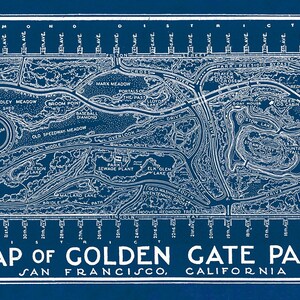 May include: A vintage blueprint style map of Golden Gate Park in San Francisco, California. The map shows the layout of the park with roads, paths, and various landmarks.