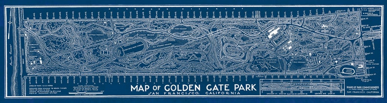 May include: A vintage blueprint style map of Golden Gate Park in San Francisco, California. The map shows the layout of the park with roads, paths, and various landmarks.