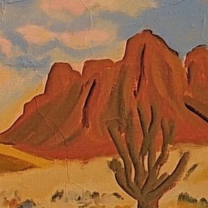 May include: A painting of a desert landscape with a large, red mountain range in the background and a single, dark green tree in the foreground. The sky is a light blue with white clouds.
