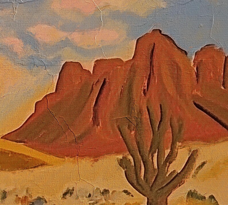 May include: A painting of a desert landscape with a large, red mountain range in the background and a single, dark green tree in the foreground. The sky is a light blue with white clouds.
