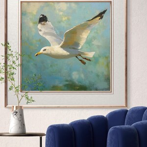 Flying Seagull Wall Art - Coastal Ocean Bird Oil Painting Print - Beach ...