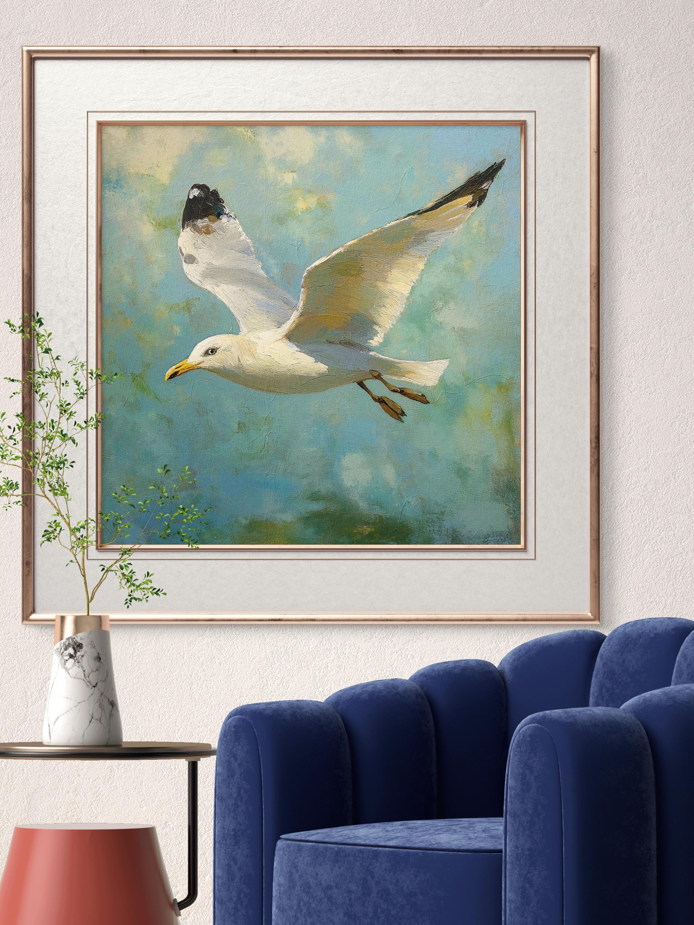 Flying Seagull Wall Art - Coastal Ocean Bird Oil Painting Print - Beach ...