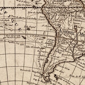 May include: An antique map of South America, showing the coastline of Chile and the Strait of Magellan. The map is printed in black and white on a cream-colored background. The map includes text in French, including the names of cities and geographic features.