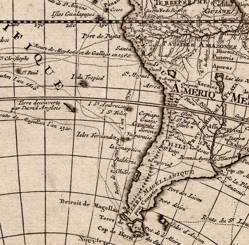 May include: An antique map of South America, showing the coastline of Chile and the Strait of Magellan. The map is printed in black and white on a cream-colored background. The map includes text in French, including the names of cities and geographic features.