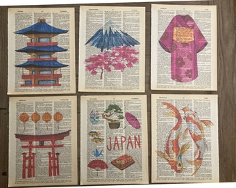Japan themed dictionary print set #2 - 6-piece set - Japan Art - printed on upcycled vintage dictionary pages