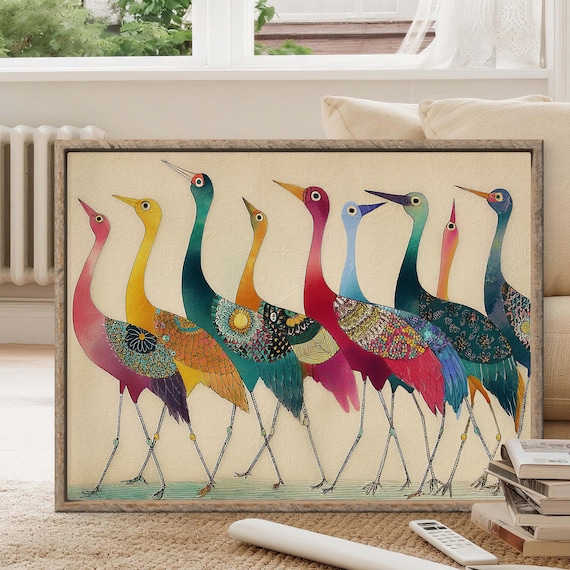 Whimsical Colorful Bird Art Print – Modern Folk Art Bird Wall Decor for Boho Home or Nursery - Sold UNFRAMED #1023