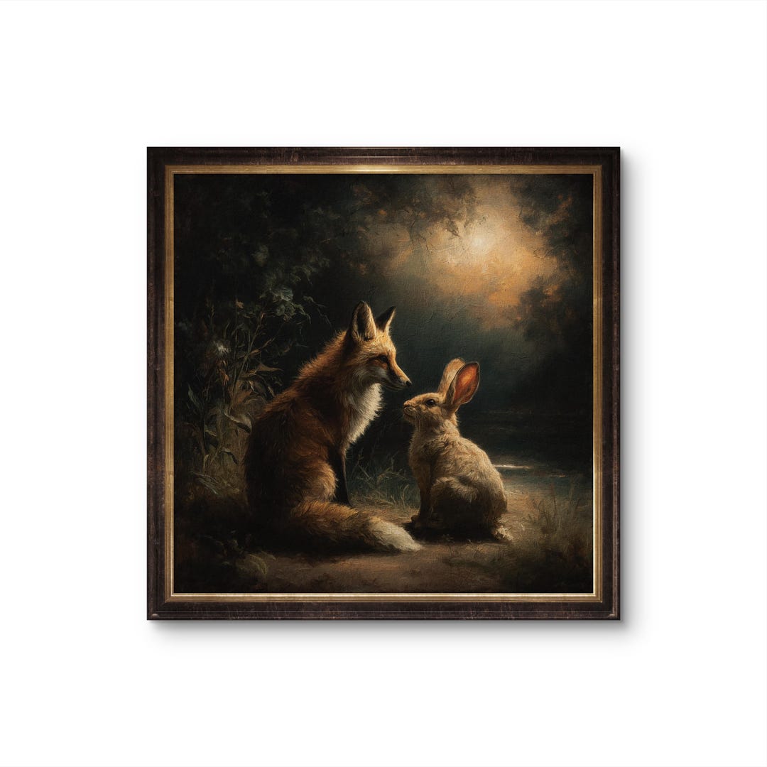 Fox Rabbit Art Fox and Rabbit Under Moonlight – Woodland Animal Oil Painting Print ...