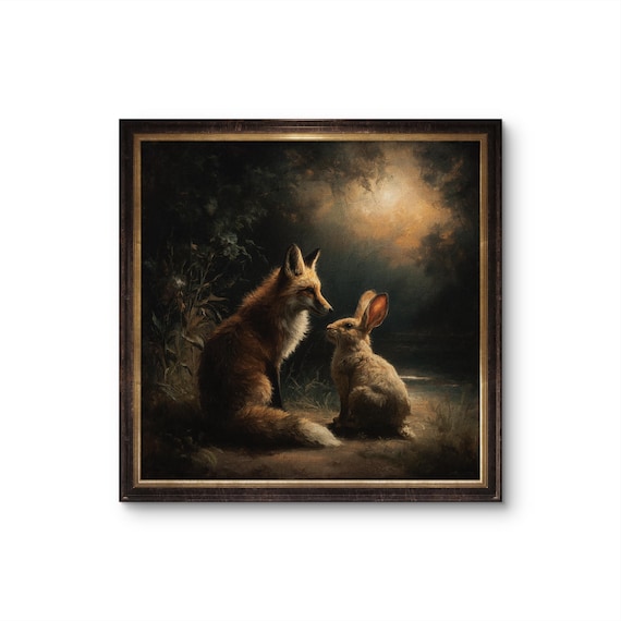 Fox and Rabbit Under Moonlight – Woodland Animal Oil Painting Print, Fairytale Forest Wall Art, Rustic Wall Decor - Sold UNFRAMED #461