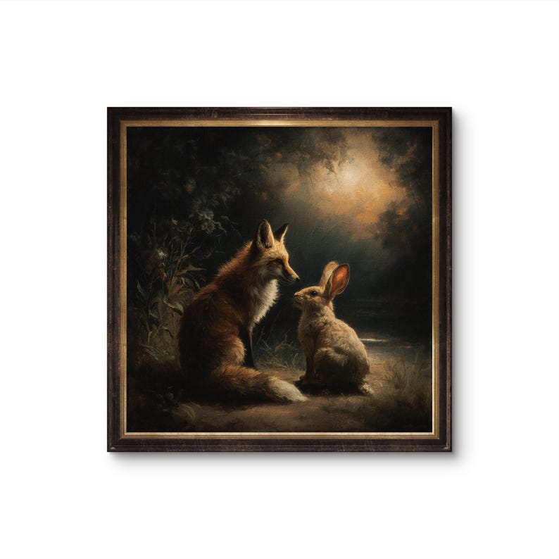 May include: A framed painting depicts a fox and a rabbit in a forest setting. The fox, with reddish-brown fur, sits facing the rabbit, which has long ears and light brown fur. The artwork has a warm color palette with a dark background and a bright, golden light.