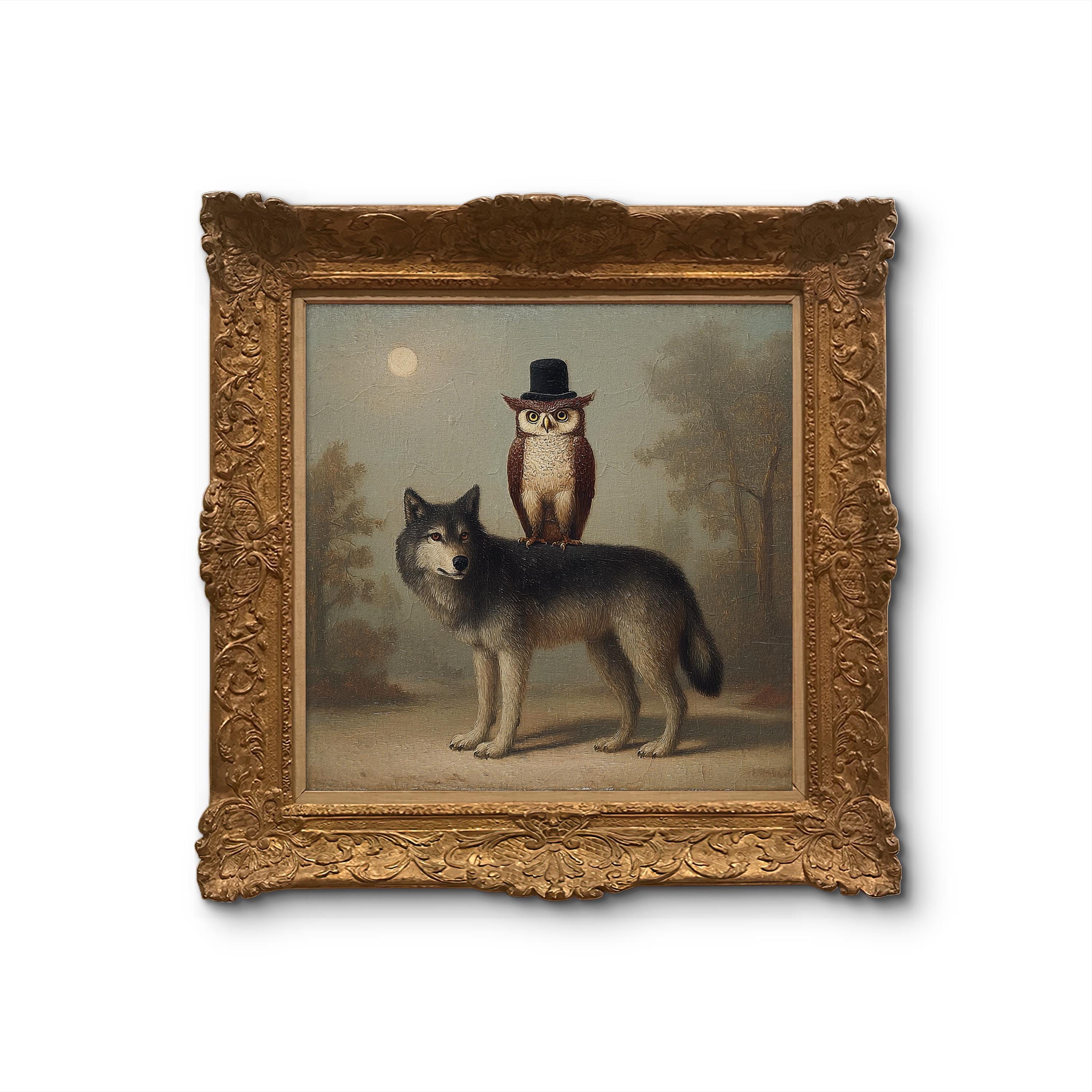 Whimsical Owl and Wolf Wall Art Print, Vintage-style Animal Panting, Surreal Woodland Poster for Cot