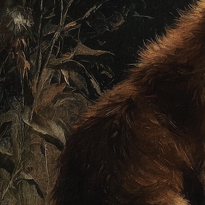 May include: An oil painting depicting a close-up of a fox's fur, rendered in shades of brown and gold. The fur is textured and detailed, with visible brushstrokes. The background is dark, with hints of foliage.