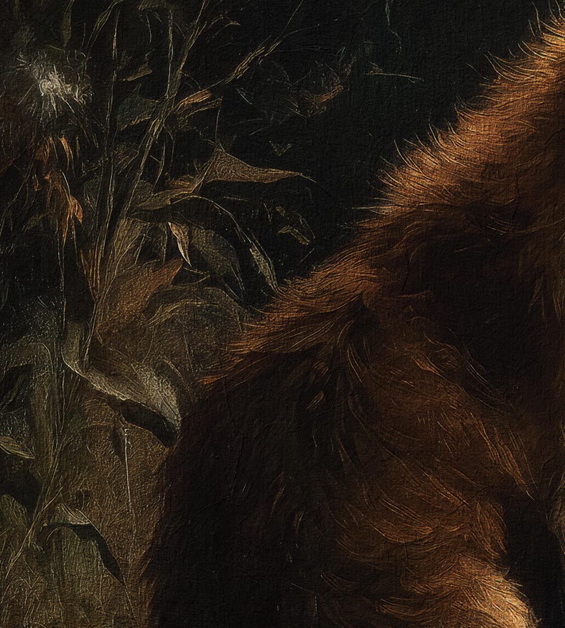 May include: An oil painting depicting a close-up of a fox's fur, rendered in shades of brown and gold. The fur is textured and detailed, with visible brushstrokes. The background is dark, with hints of foliage.