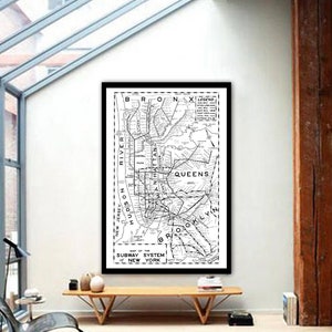 Mid-century New York City subway map reprint - circa 1955 New York City map 5 sizes up to 36x54&quot; & 4 color choices - sold UNFRAMED only