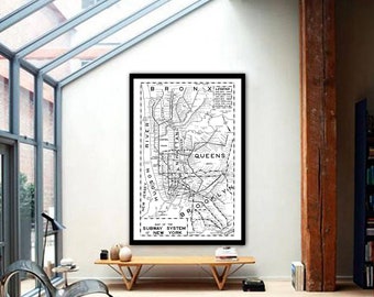 May include: Black and white vintage map of the New York City subway system. The map shows the boroughs of Manhattan, Brooklyn, Queens, the Bronx, and Staten Island. The map is titled "Subway System of New York".