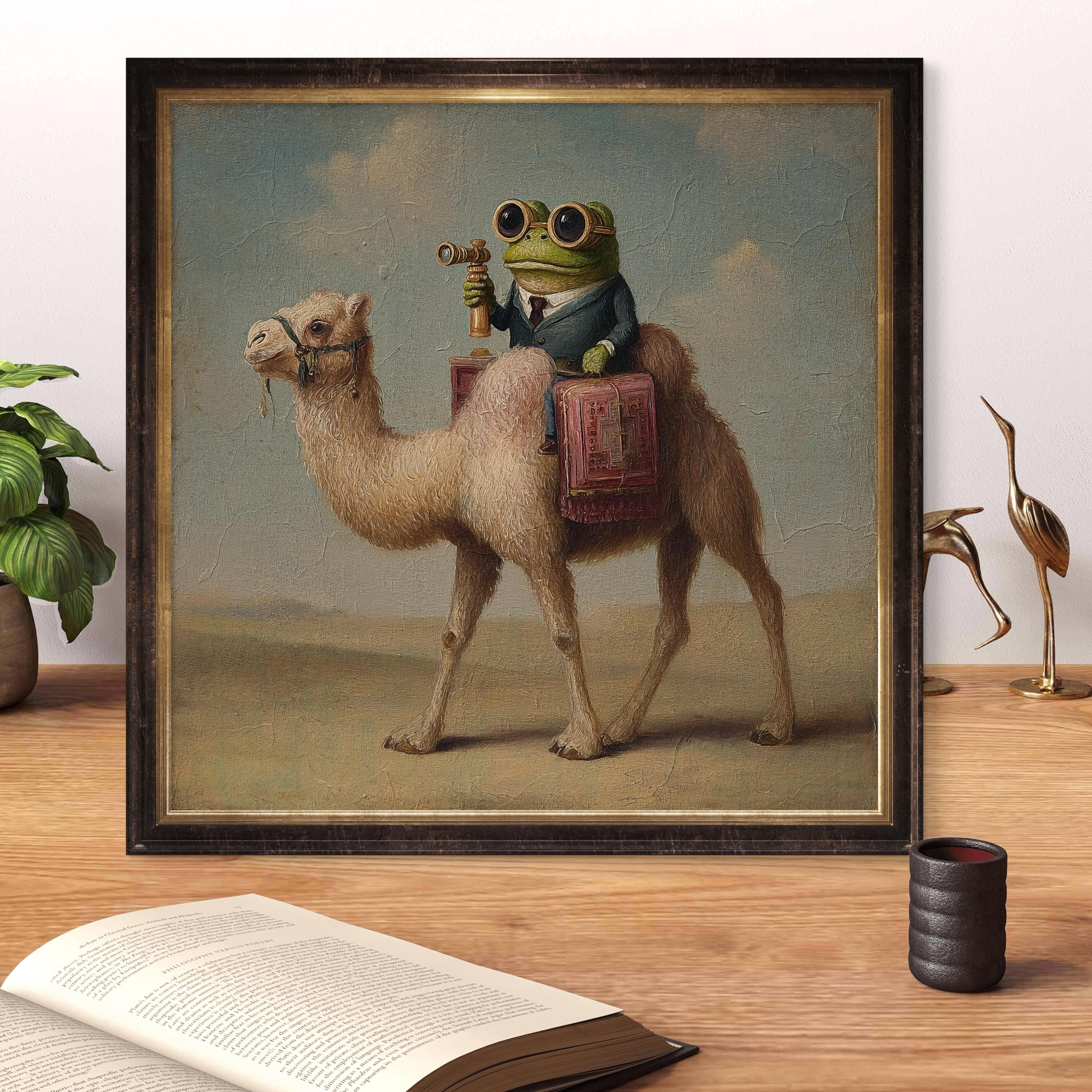 ピーター・マイアン アートパネル Sneaker Camel Doctor Frog on Camel With Binoculars – Whimsical Vintage-style Animal Art
