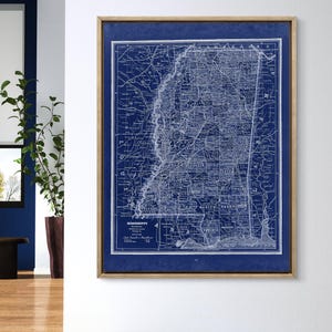 1887 Mississippi map reprint - vintage Mississippi reprint 4 large/XL sizes up to 30x40&quot; in 3 color choices - comes unframed