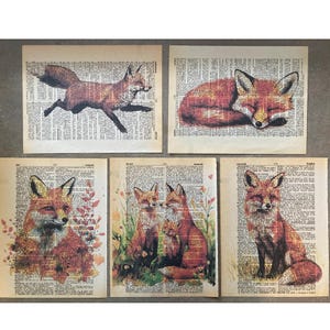 Fox themed dictionary print set - Fox Wall Art - 5 piece set  -Rustic Fox Artwork, printed on upcycled vintage dictionary pages #1492