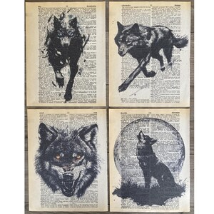 Wolf Themed dictionary prints -4 piece set - Wolf Book Print, Wolf Art on dictionary page - printed on vintage dictionary pages #1484