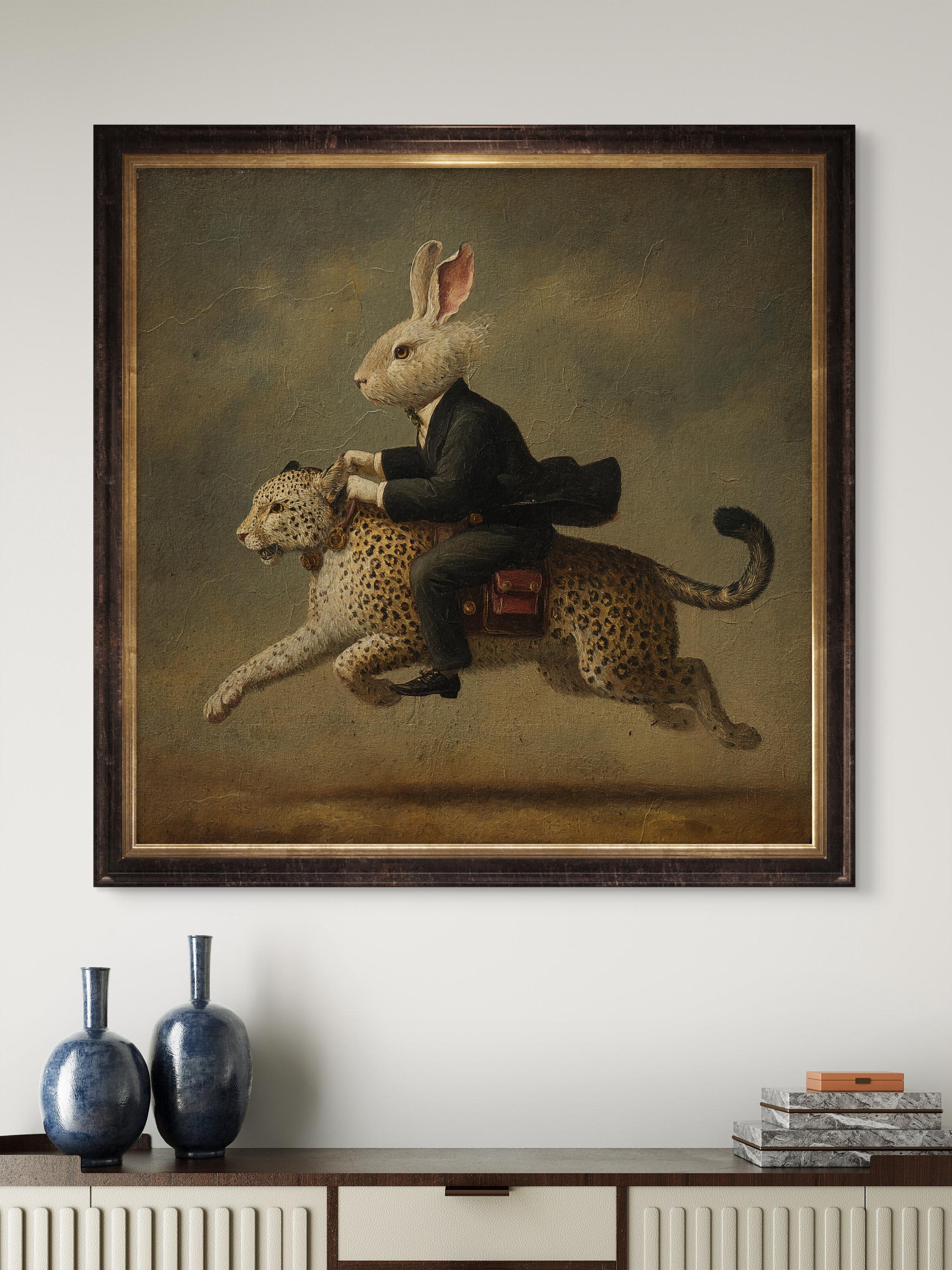 Dapper Rabbit Riding a Leopard – Surreal Vintage-style Animal Portrait ...