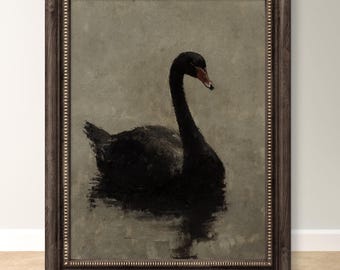 Black Swan Painting print, Dark Swan Art, Elegant Bird Print, Vintage-style Swan Print, Minimalist Swan Art, Sold UNFRAMED #130