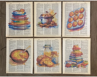 Country Kitchen Fruits & Vegetables themed dictionary print set - 6-piece Cottagecore set  - printed on upcycled vintage dictionary pages