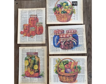 Country Kitchen Fruits & Vegetables themed dictionary print set - 5-piece Cottagecore set  - printed on upcycled vintage dictionary pages