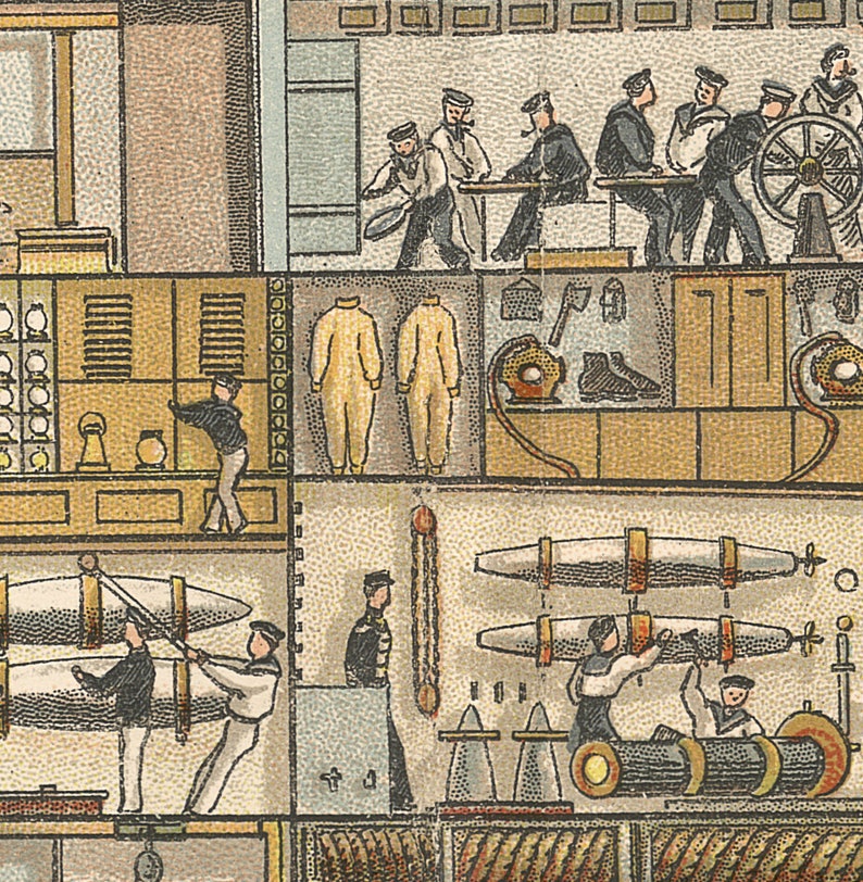 Pode incluir: Uma ilustra&ccedil;&atilde;o vintage do interior de um submarino com marinheiros de uniforme realizando v&aacute;rias tarefas. A cena inclui um painel de controle, trajes de mergulho, torpedos e uma grande roda.