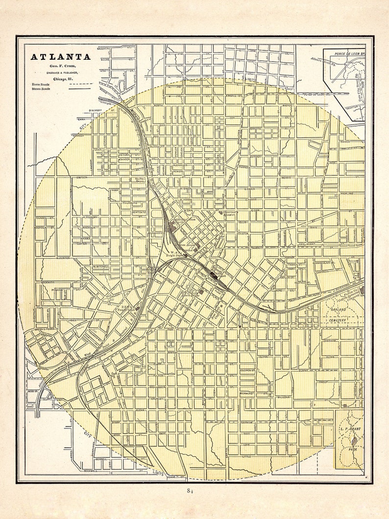 vintage Atlanta reprint 4 largeXL sizes up to 30x40 in 3 color choices comes unframed 1887 Atlanta map reprint