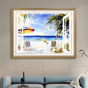 Watercolor Open Window View Print - Beach Art - View Through Window Art ...