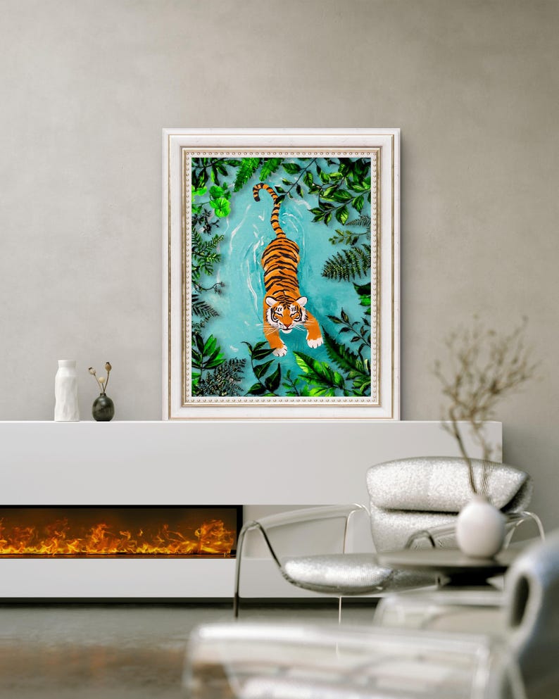May include: A framed illustration of a tiger swimming in a turquoise blue pool of water surrounded by green foliage.