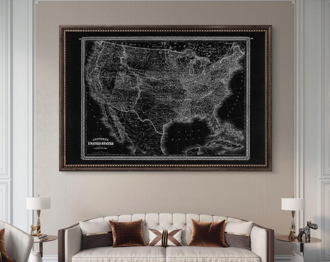 1870 Johnson's United States map reprint, Vintage USA map reprint - 5 large/XL sizes up to 54"x36"- 3 color choices - unframed