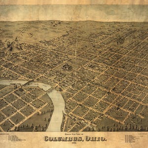 May include: An antique bird's-eye view map of Columbus, Ohio, showing the city's layout and streets. The map is printed on aged paper with a brown and beige color scheme. The text "Bird's Eye View of Columbus, Ohio" is printed at the bottom of the map.