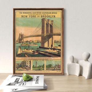 EXTRA-LARGE 1883 Brooklyn Bridge hand-painted poster reprint, vintage New York City poster reprint, 4 sizes up 24x32&quot; - frames not included