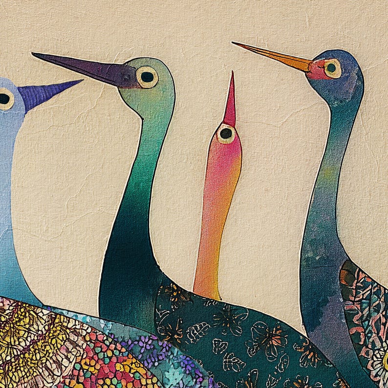 May include: An artistic illustration features four stylized birds with long necks and beaks. The birds have a variety of colors, including blue, green, and pink. The birds' bodies are adorned with floral patterns, set against a neutral background.