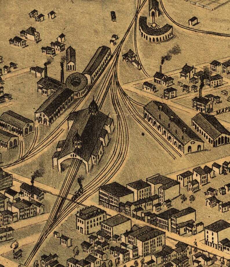 May include: An aerial view of a train station with multiple tracks and buildings. The station is surrounded by a dense network of streets and buildings. The image is drawn in black and white.