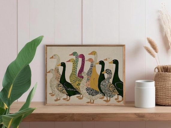 Colorful Duck Wall Art Print – Whimsical Farmhouse Bird Painting, Folk Style Animal Poster for Home Decor - Sold UNFRAMED #612